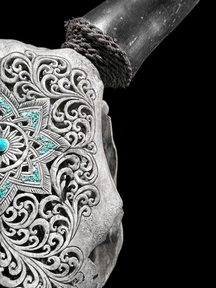 Grey Carved Cow Skull With Turqoise Accents - Star mandala motif | Skull,A/140
