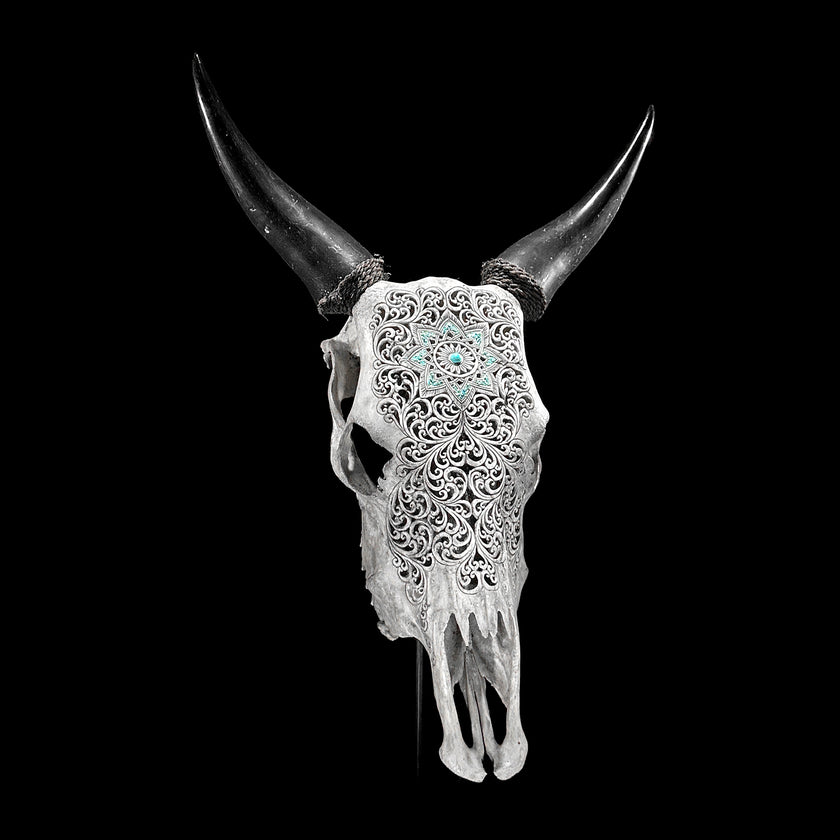 Grey Carved Cow Skull With Turqoise Accents - Star mandala motif | Skull,A/140