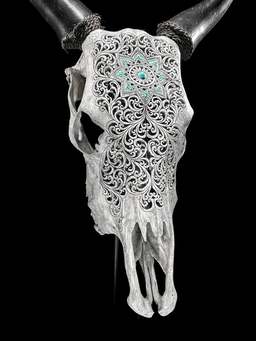 Grey Carved Cow Skull With Turqoise Accents - Star mandala motif | Skull,A/140