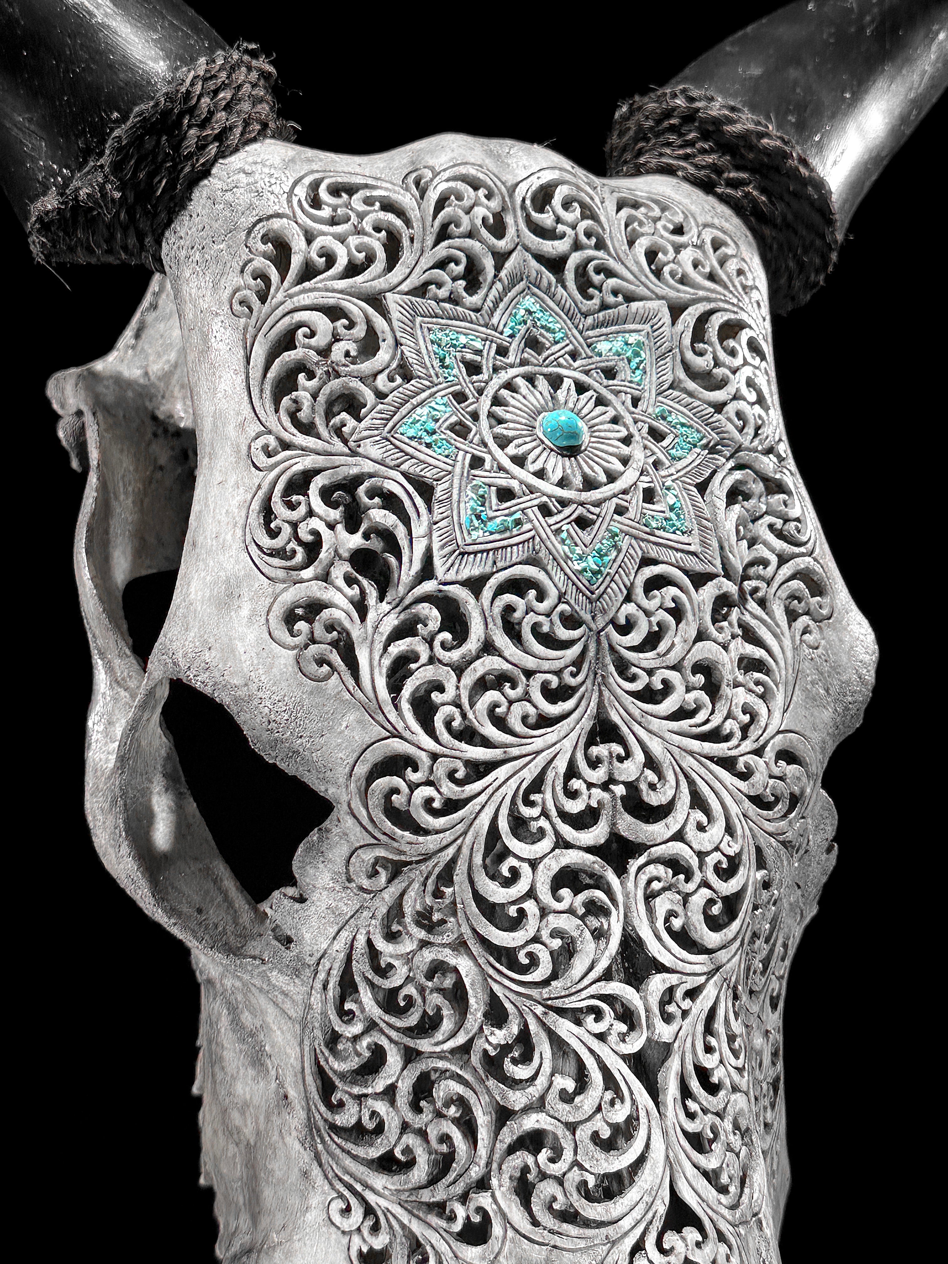 Grey Carved Cow Skull With Turqoise Accents - Star mandala motif | Skull,A/140