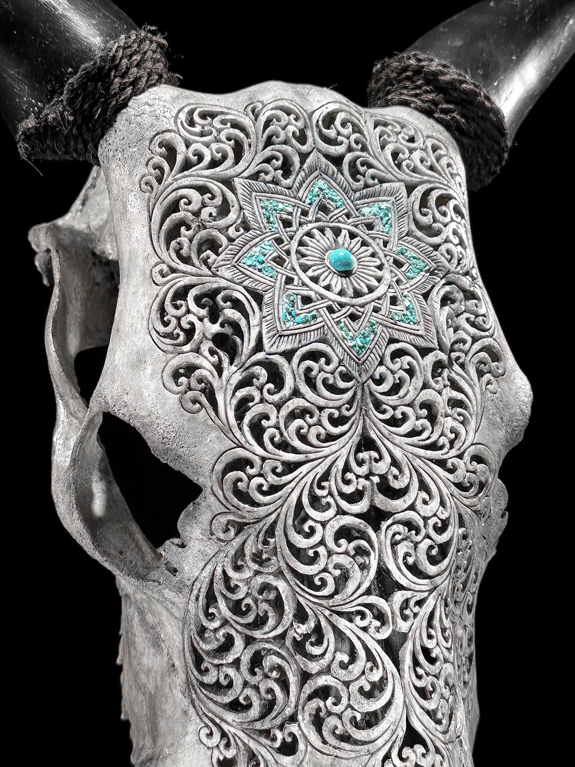 Grey Carved Cow Skull With Turqoise Accents - Star mandala motif | Skull,A/140