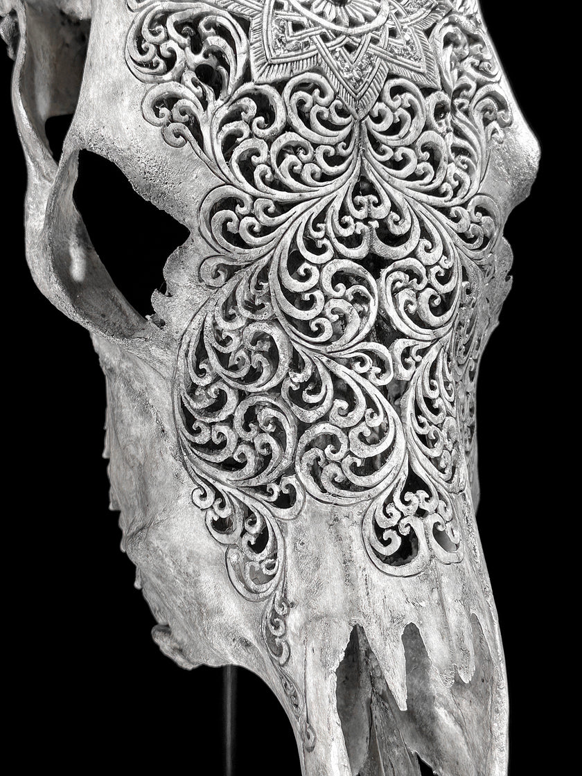 Grey Carved Cow Skull With Turqoise Accents - Star mandala motif | Skull,A/140