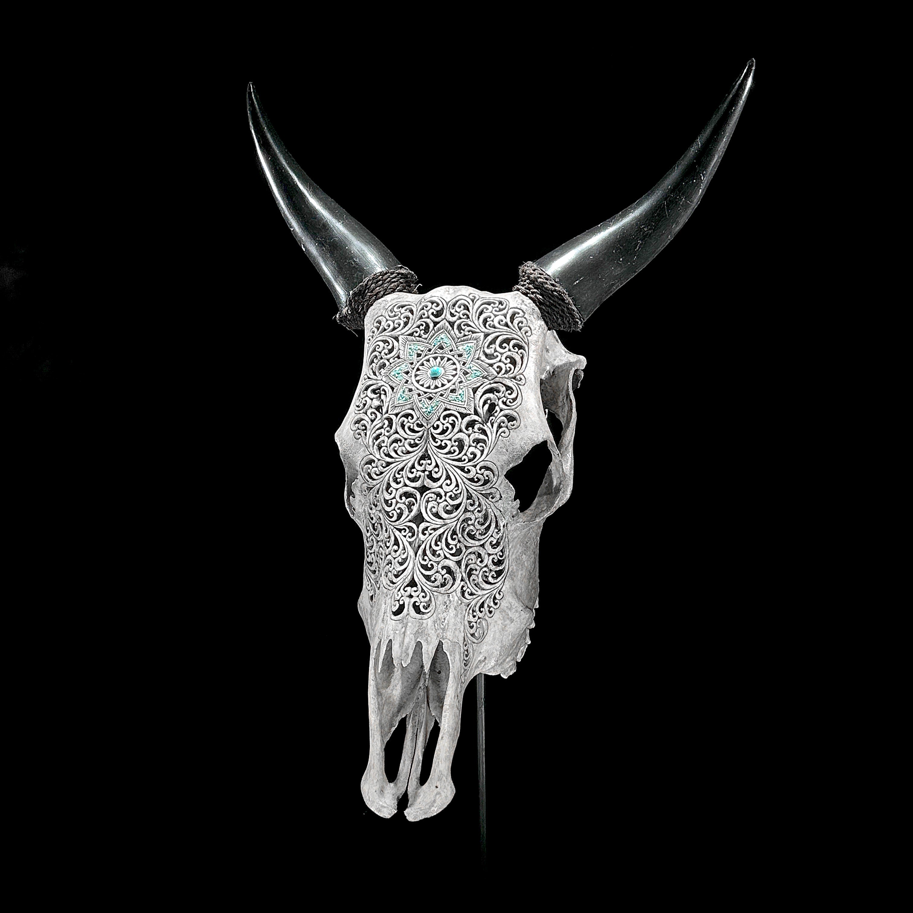 Grey Carved Cow Skull With Turqoise Accents - Star mandala motif | Skull,A/140