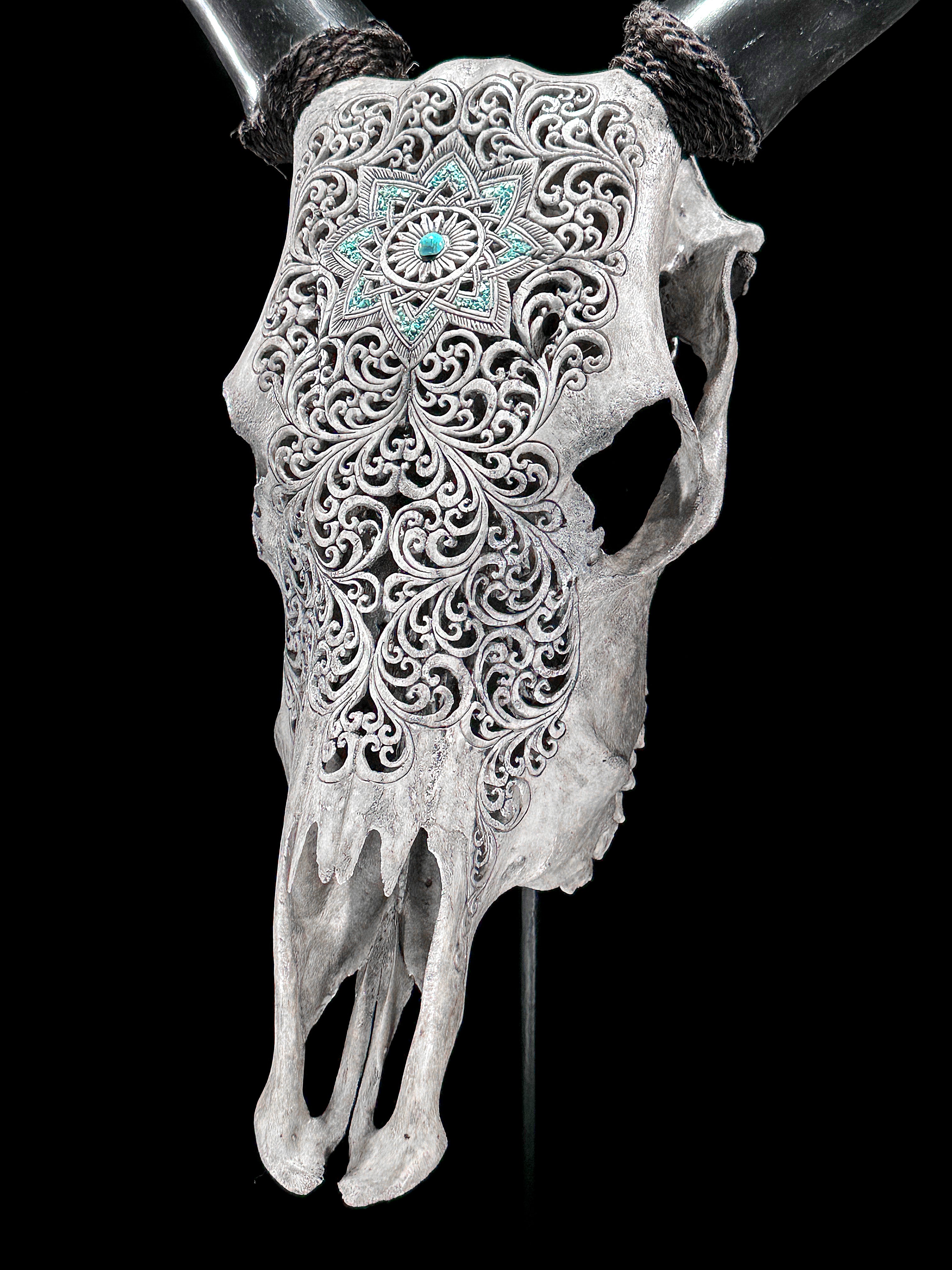 Grey Carved Cow Skull With Turqoise Accents - Star mandala motif | Skull,A/140