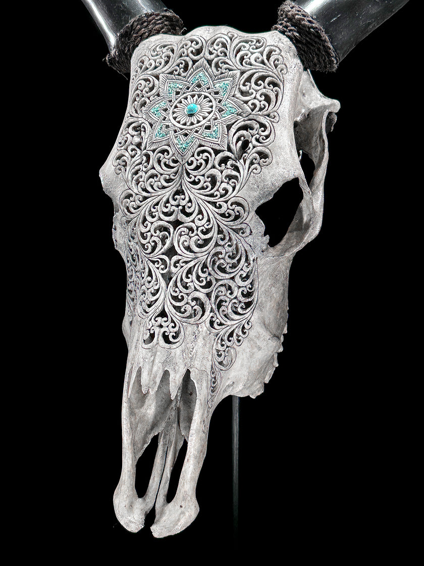 Grey Carved Cow Skull With Turqoise Accents - Star mandala motif | Skull,A/140