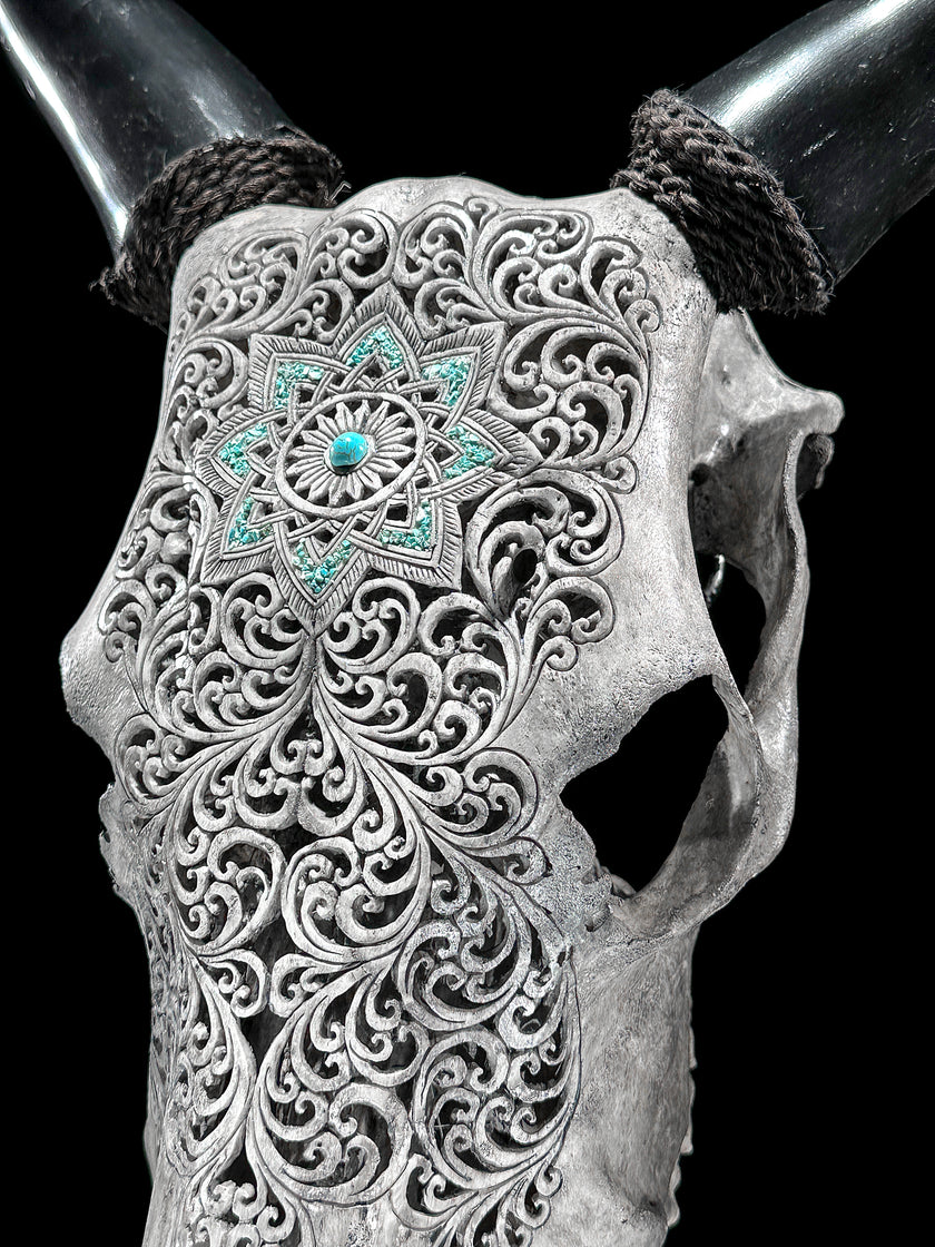 Grey Carved Cow Skull With Turqoise Accents - Star mandala motif | Skull,A/140