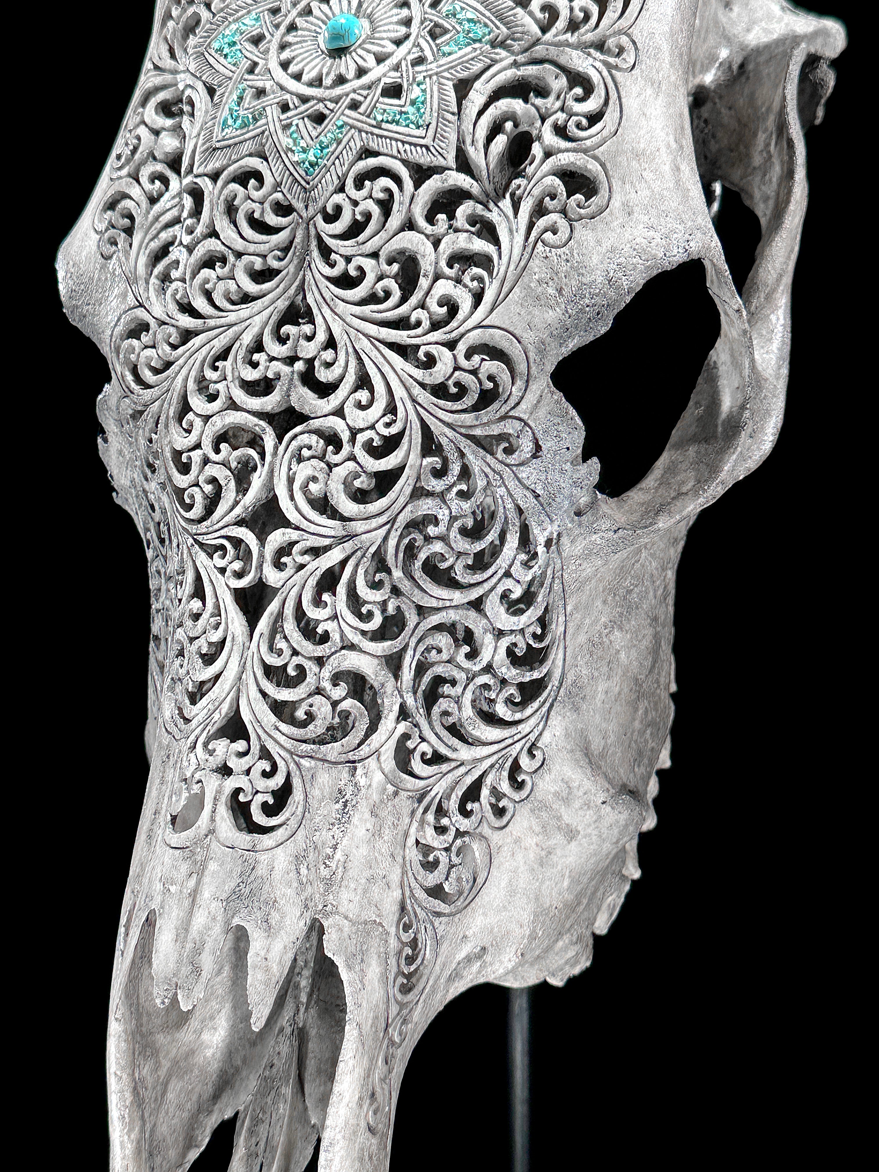 Grey Carved Cow Skull With Turqoise Accents - Star mandala motif | Skull,A/140