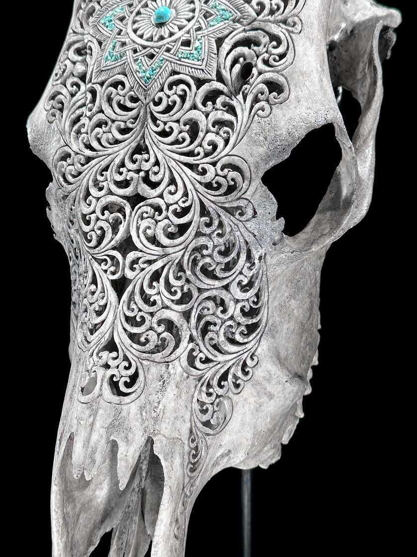 Grey Carved Cow Skull With Turqoise Accents - Star mandala motif | Skull,A/140