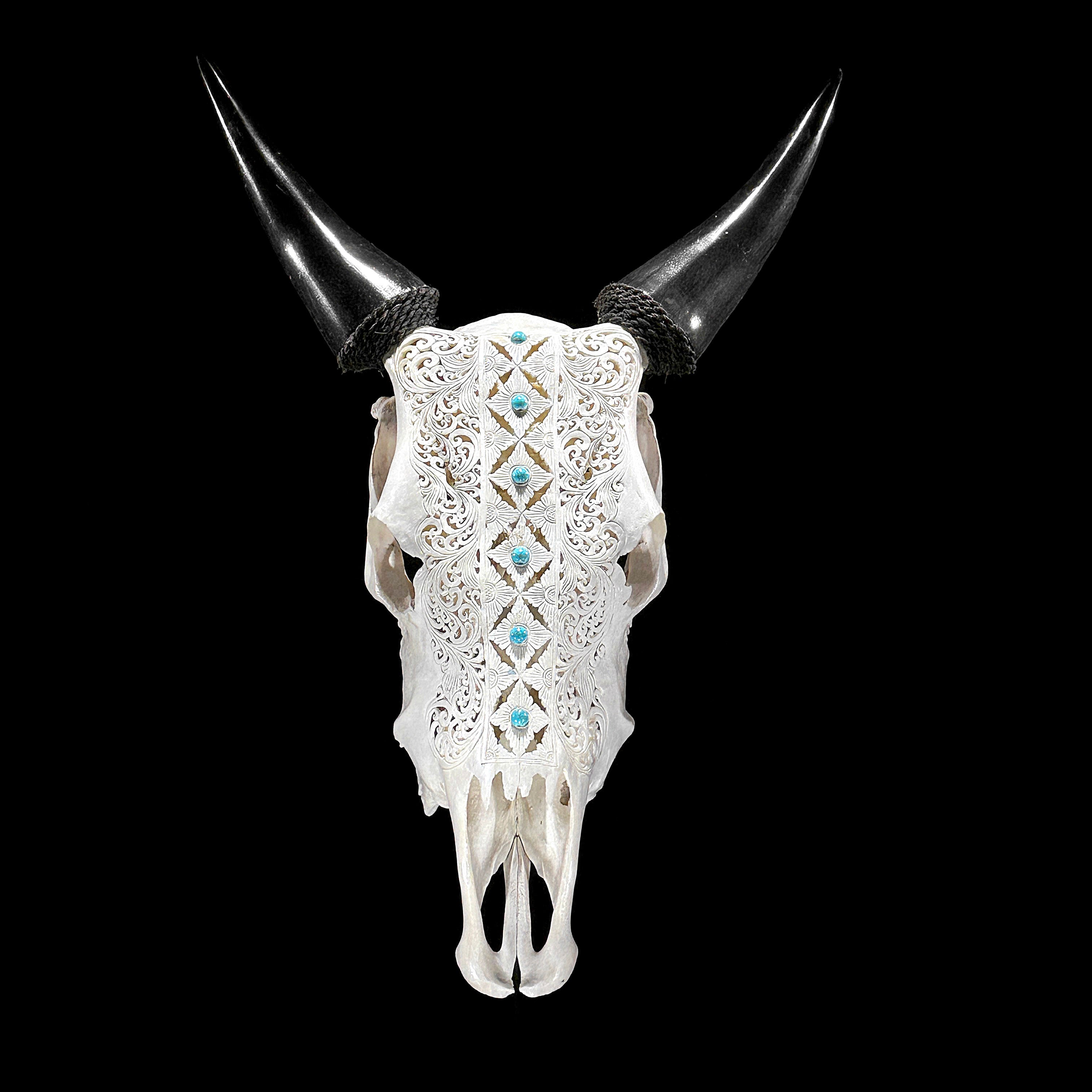 White Carved Cow Skull With Turqoise Accents - Ketupat motif | Skull,A/137