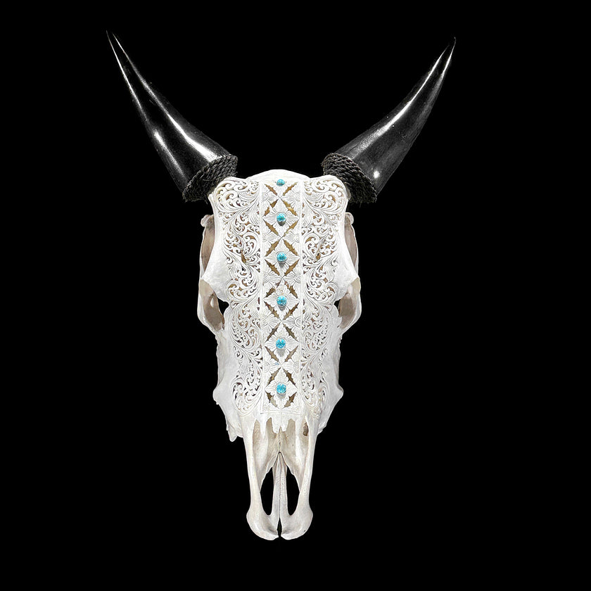 White Carved Cow Skull With Turqoise Accents - Ketupat motif | Skull,A/137