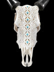 White Carved Cow Skull With Turqoise Accents - Ketupat motif | Skull,A/137