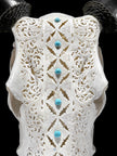 White Carved Cow Skull With Turqoise Accents - Ketupat motif | Skull,A/137