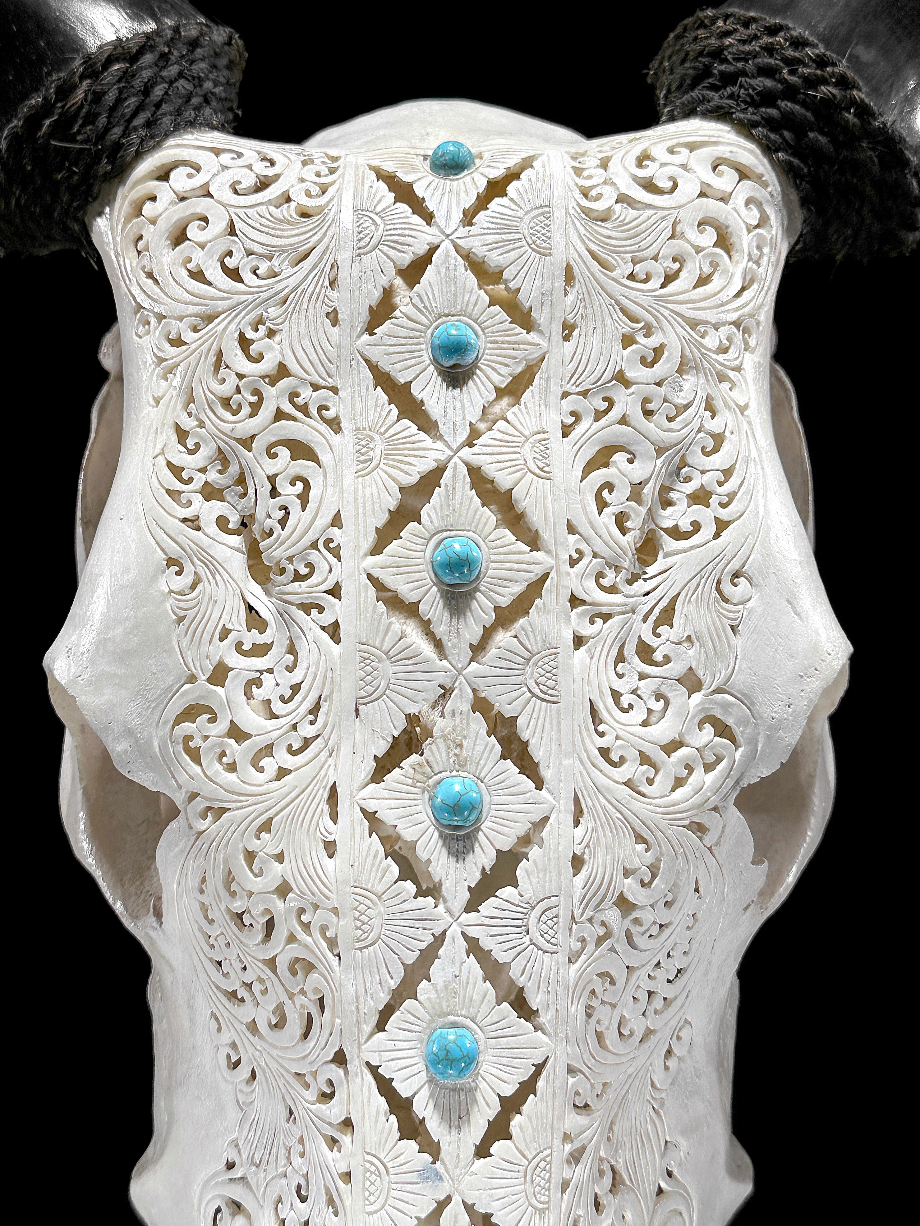 White Carved Cow Skull With Turqoise Accents - Ketupat motif | Skull,A/137