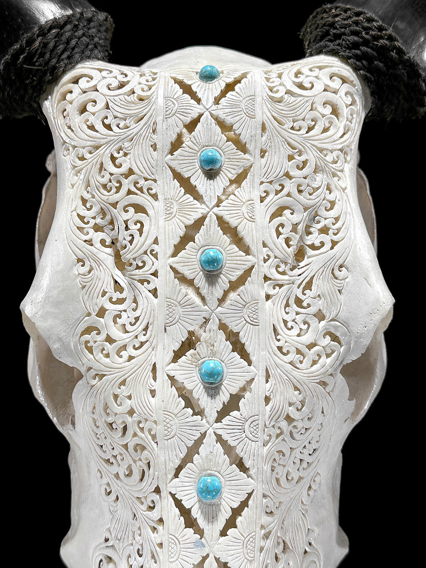 White Carved Cow Skull With Turqoise Accents - Ketupat motif | Skull,A/137