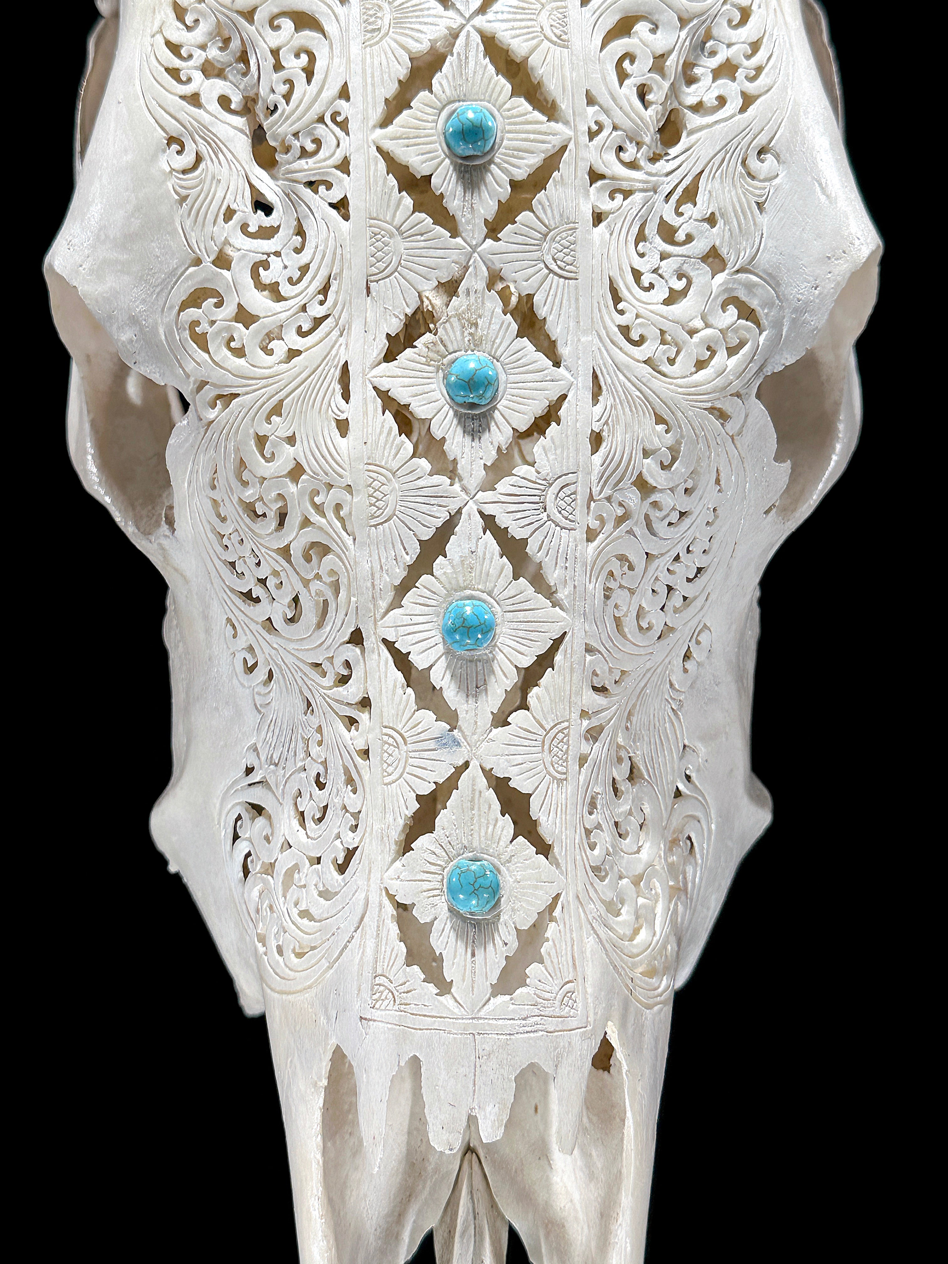 White Carved Cow Skull With Turqoise Accents - Ketupat motif | Skull,A/137