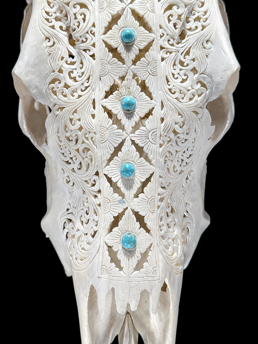 White Carved Cow Skull With Turqoise Accents - Ketupat motif | Skull,A/137