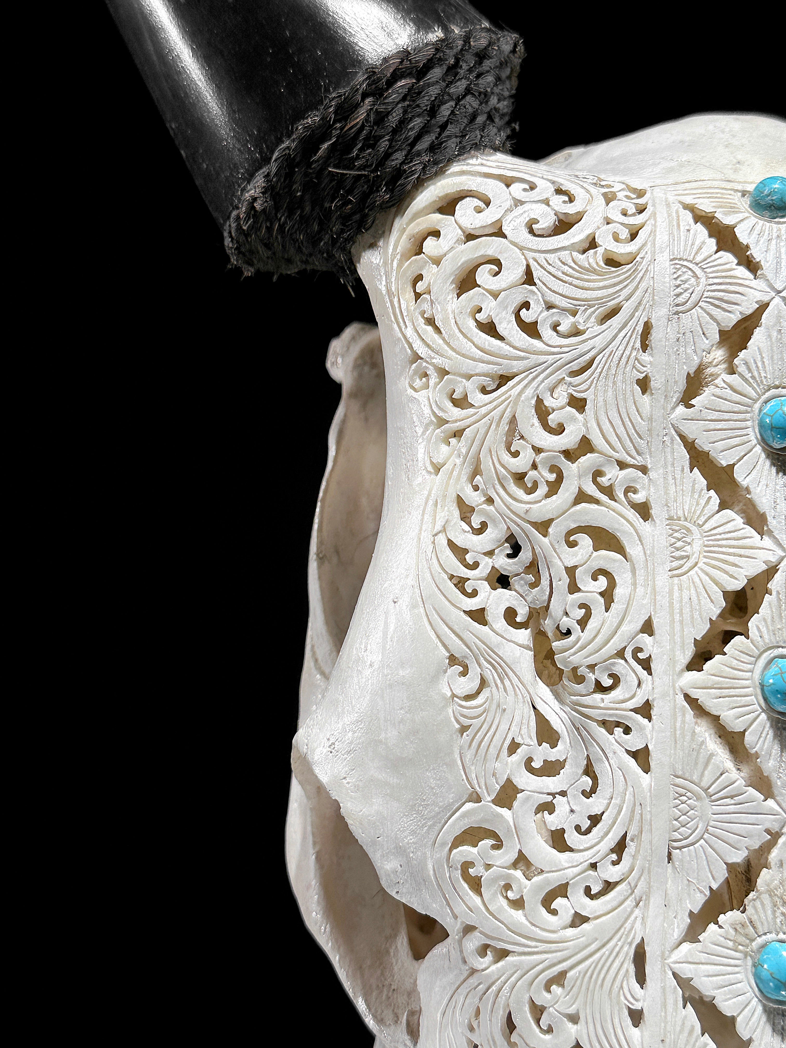 White Carved Cow Skull With Turqoise Accents - Ketupat motif | Skull,A/137