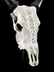 White Carved Cow Skull With Turqoise Accents - Ketupat motif | Skull,A/137