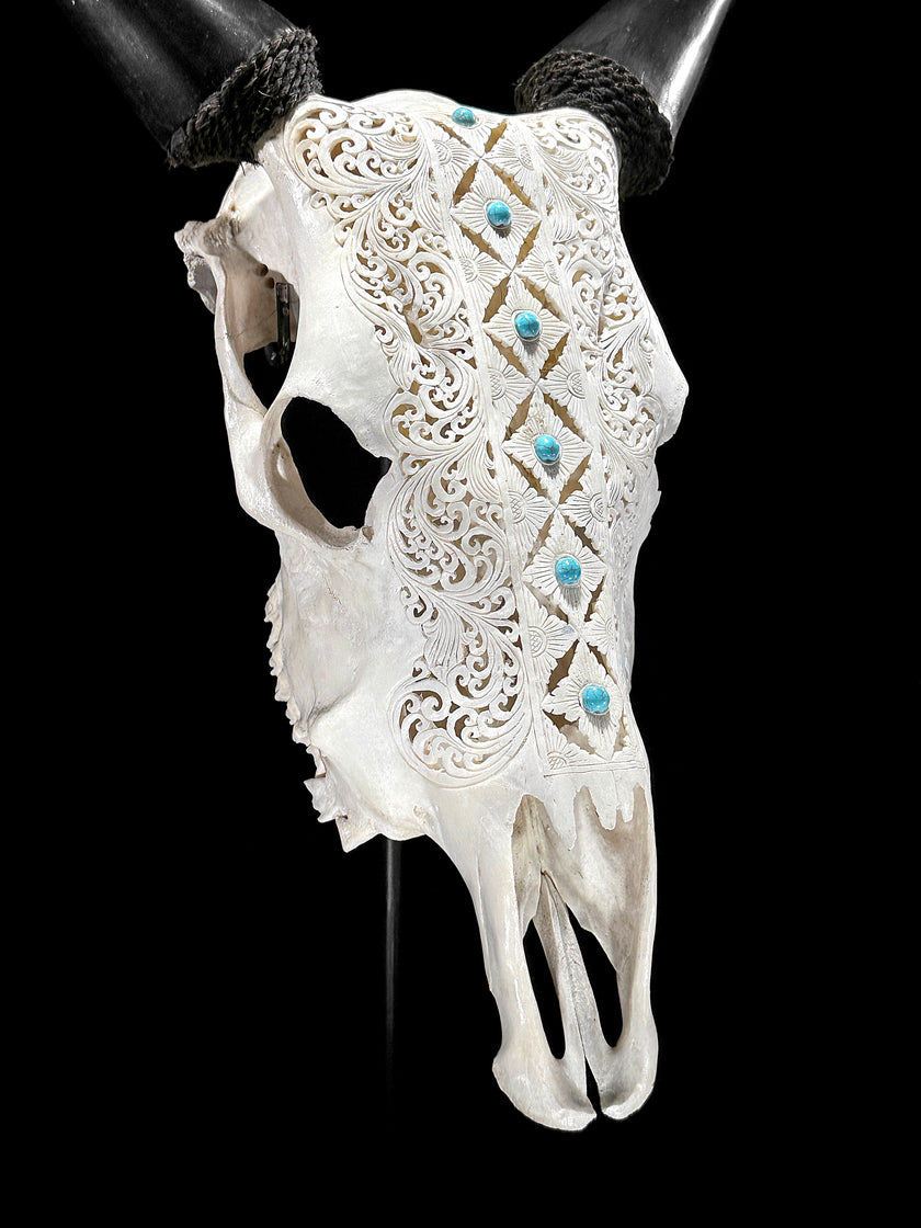 White Carved Cow Skull With Turqoise Accents - Ketupat motif | Skull,A/137