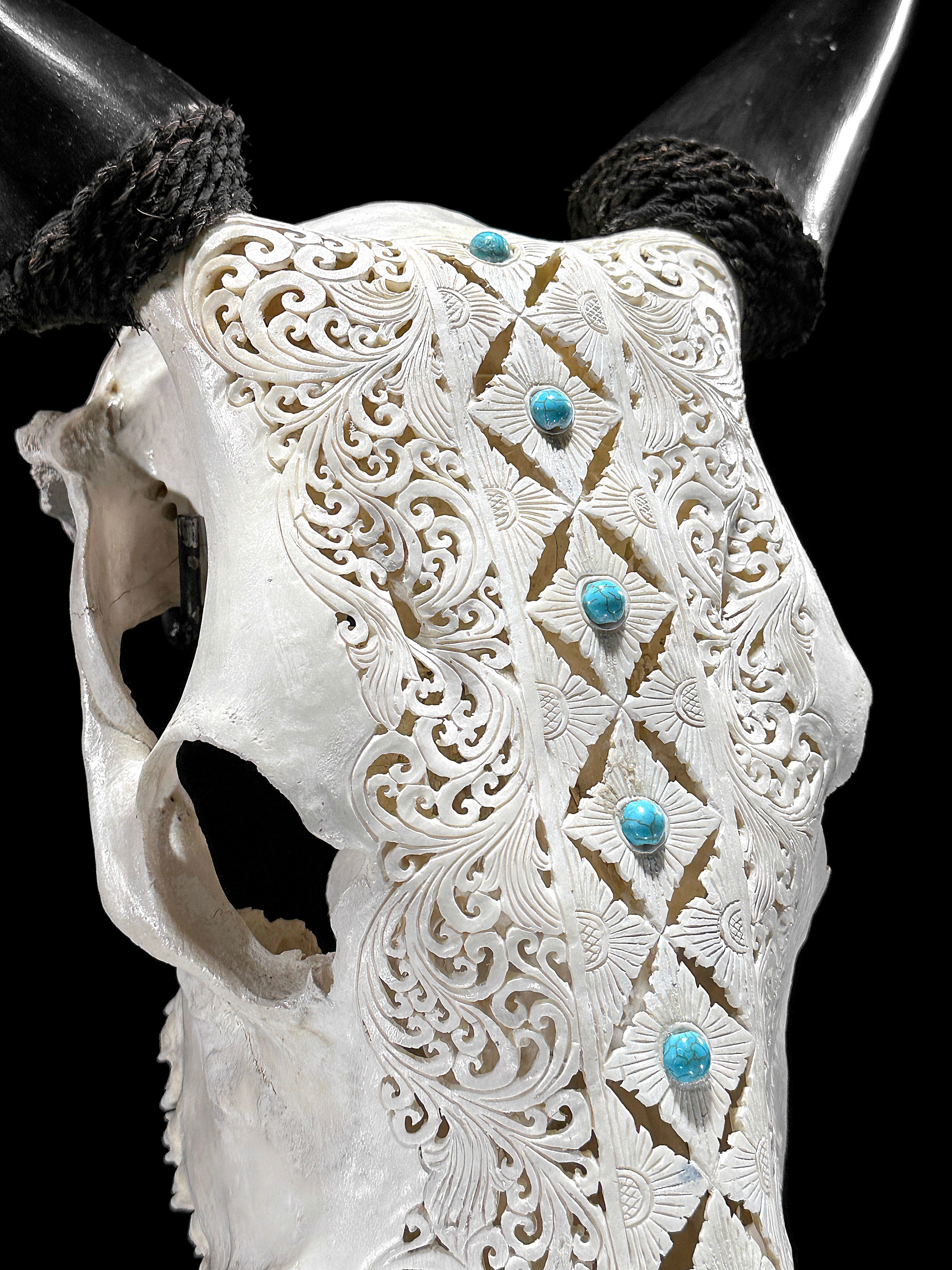 White Carved Cow Skull With Turqoise Accents - Ketupat motif | Skull,A/137