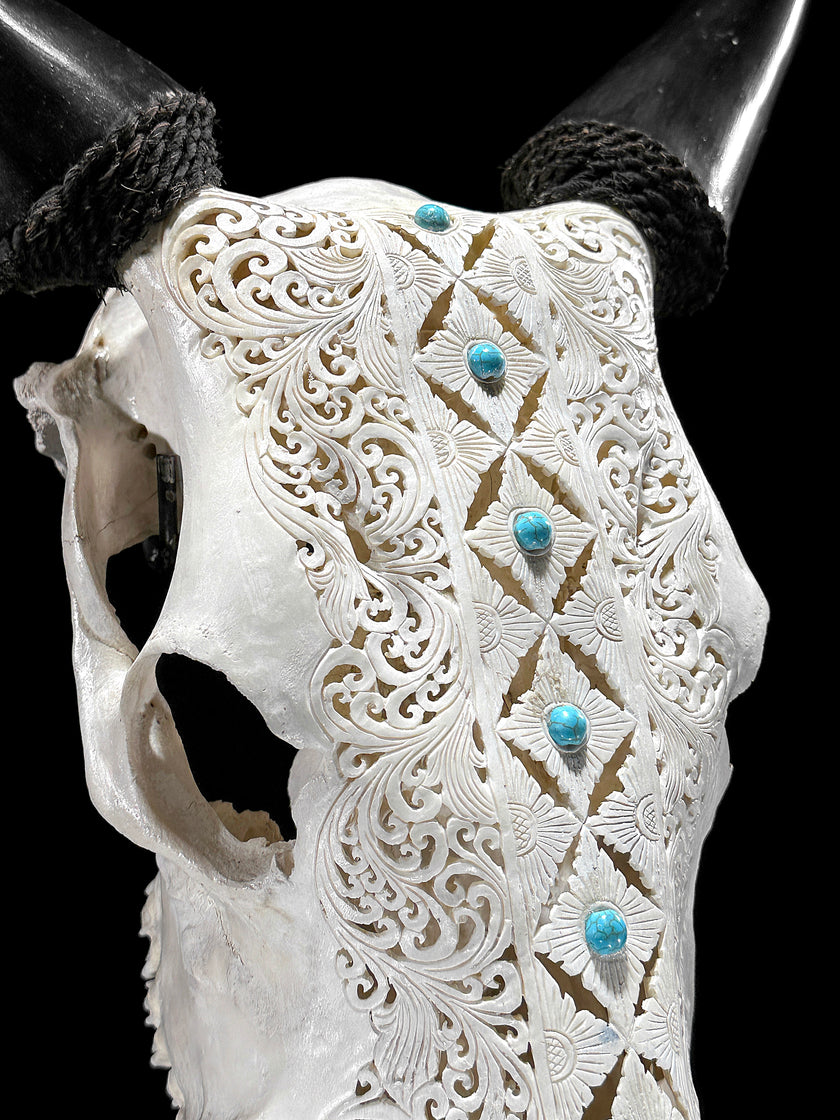 White Carved Cow Skull With Turqoise Accents - Ketupat motif | Skull,A/137