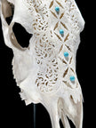 White Carved Cow Skull With Turqoise Accents - Ketupat motif | Skull,A/137