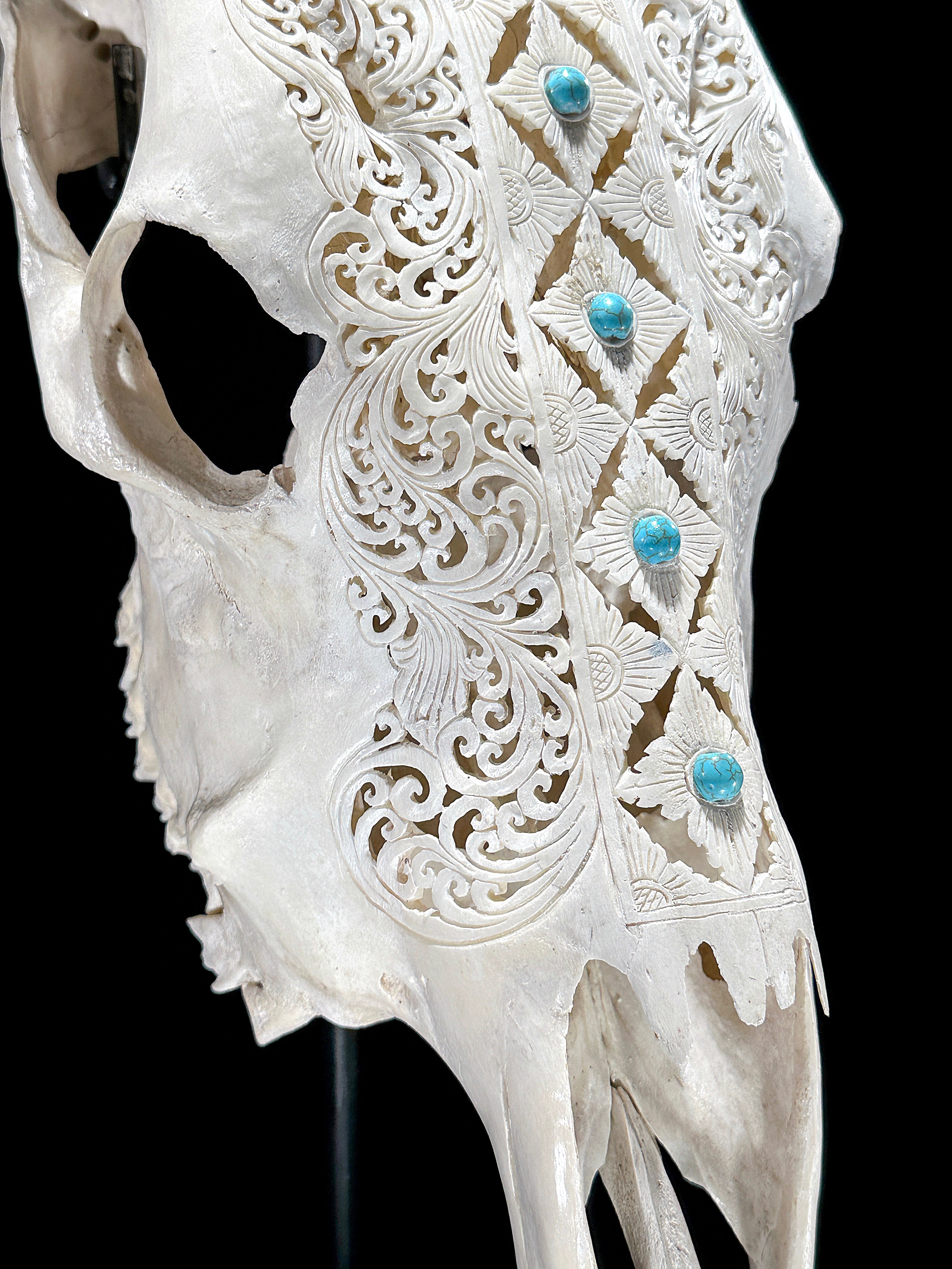 White Carved Cow Skull With Turqoise Accents - Ketupat motif | Skull,A/137