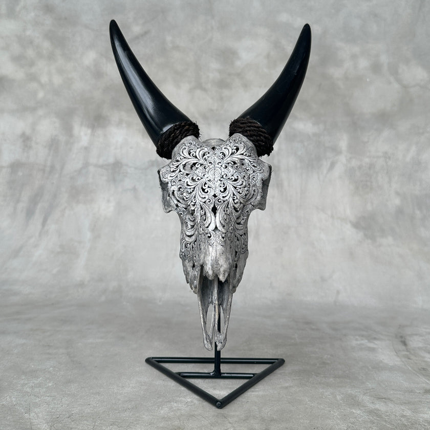 Grey Carved Goat Skull on Stand - Small Lotus Engraving – Unique Gothic Boho Home Decor, Rustic Wall Mount