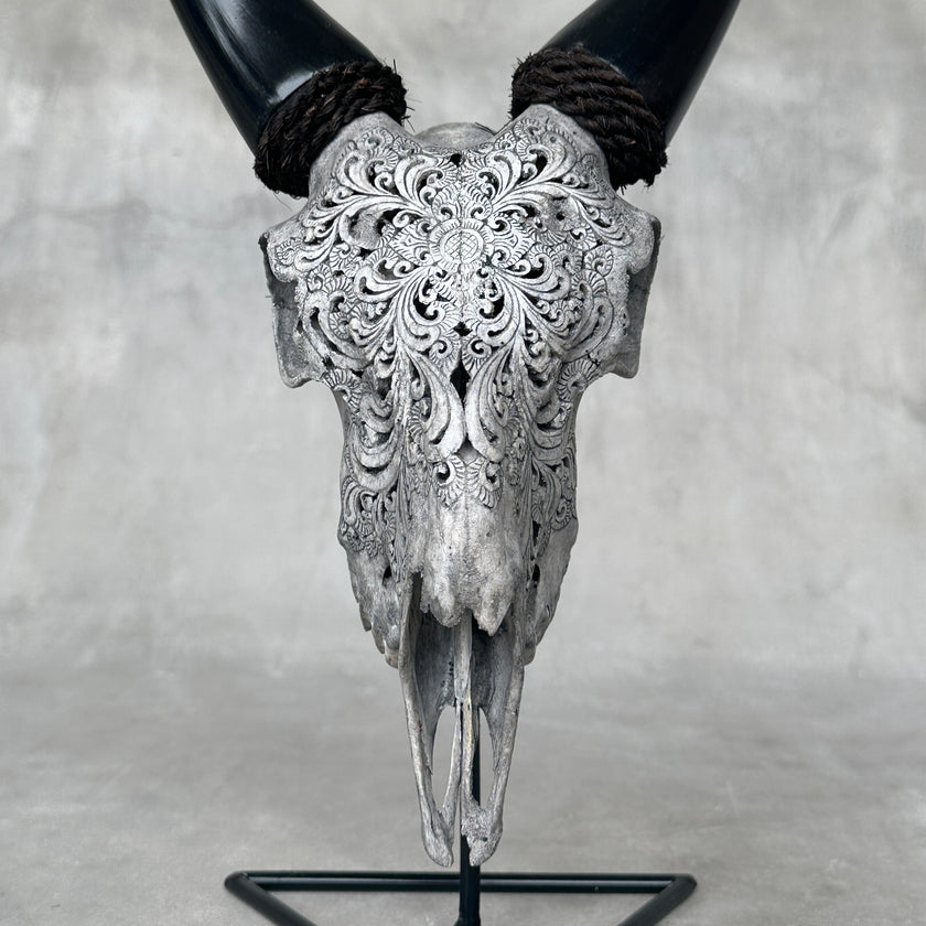 Grey Carved Goat Skull on Stand - Small Lotus Engraving – Unique Gothic Boho Home Decor, Rustic Wall Mount