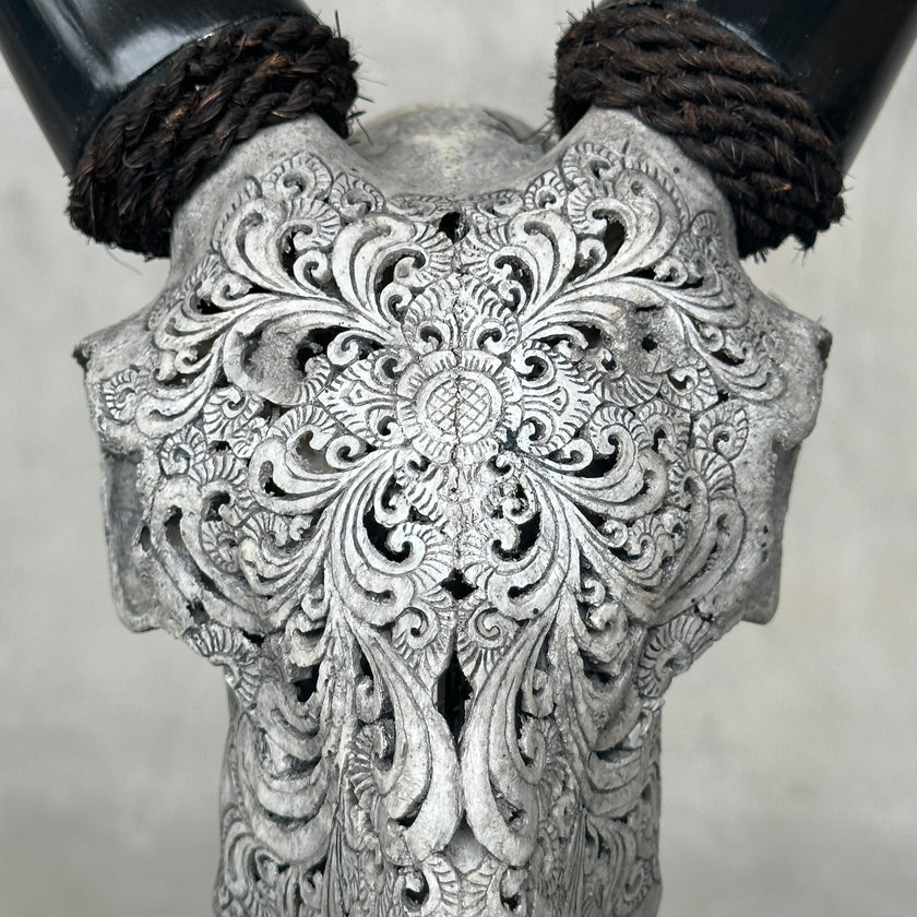 Grey Carved Goat Skull on Stand - Small Lotus Engraving – Unique Gothic Boho Home Decor, Rustic Wall Mount