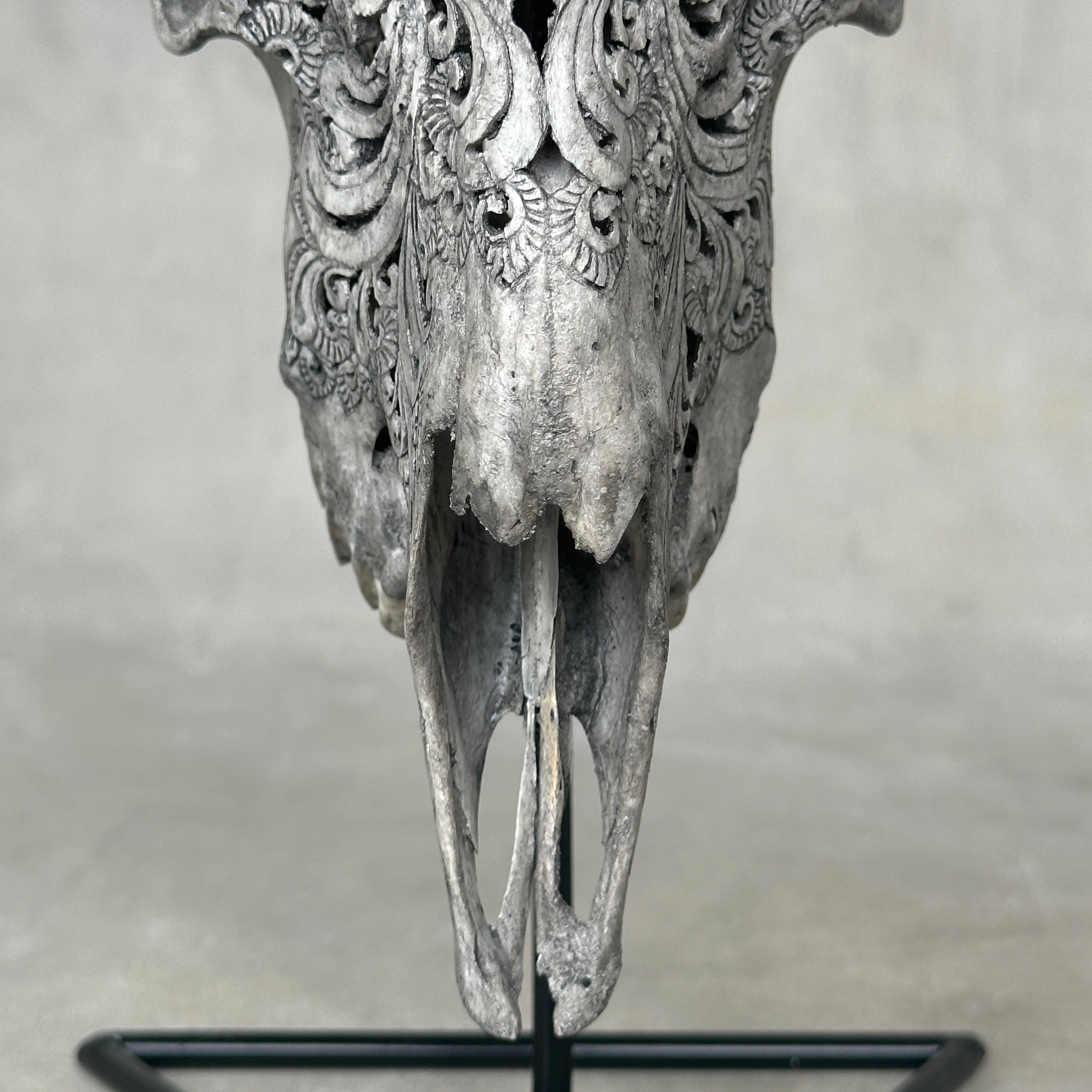 Grey Carved Goat Skull on Stand - Small Lotus Engraving – Unique Gothic Boho Home Decor, Rustic Wall Mount