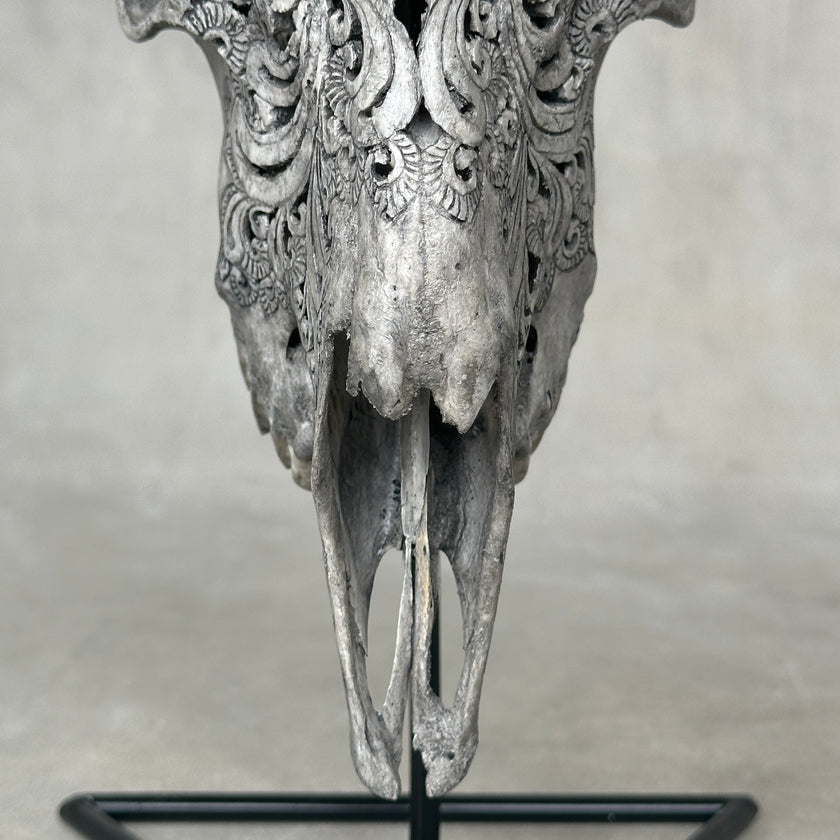 Grey Carved Goat Skull on Stand - Small Lotus Engraving – Unique Gothic Boho Home Decor, Rustic Wall Mount