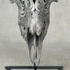 Grey Carved Goat Skull on Stand - Small Lotus Engraving – Unique Gothic Boho Home Decor, Rustic Wall Mount