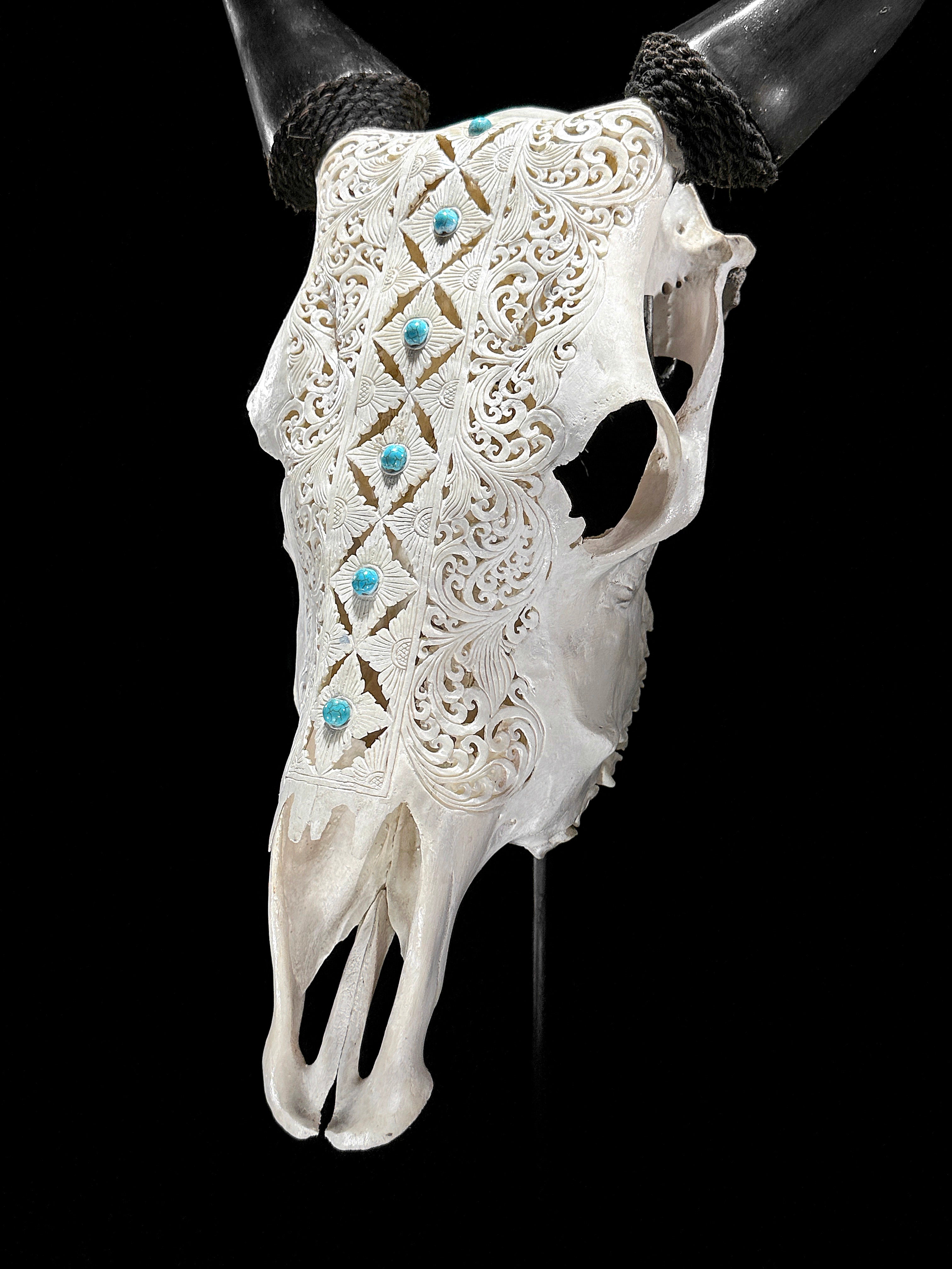 White Carved Cow Skull With Turqoise Accents - Ketupat motif | Skull,A/137