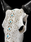 White Carved Cow Skull With Turqoise Accents - Ketupat motif | Skull,A/137
