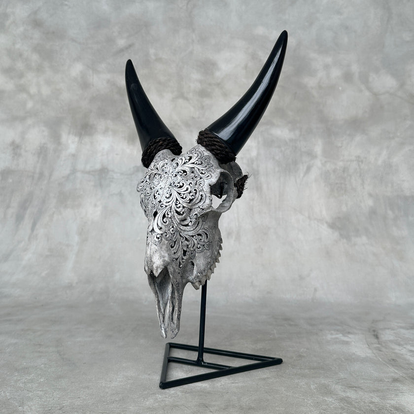 Grey Carved Goat Skull on Stand - Small Lotus Engraving – Unique Gothic Boho Home Decor, Rustic Wall Mount