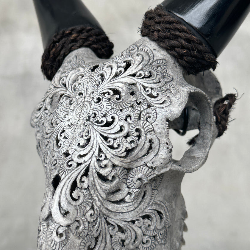 Grey Carved Goat Skull on Stand - Small Lotus Engraving – Unique Gothic Boho Home Decor, Rustic Wall Mount