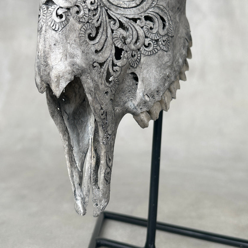 Grey Carved Goat Skull on Stand - Small Lotus Engraving – Unique Gothic Boho Home Decor, Rustic Wall Mount