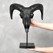 Black Ram Skull Carved Horns with Big Lotus motif on stand - Skull,A/163