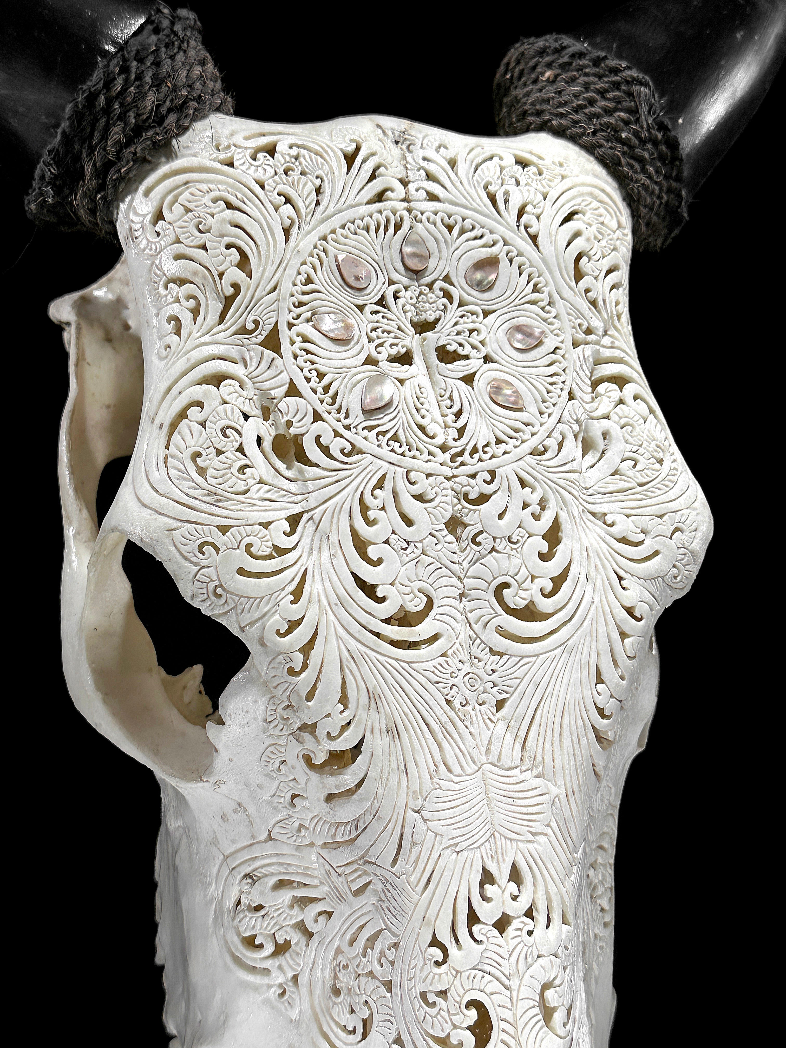 White Carved Cow Skull With Abalone Shell Accents - Peacock motif | Skull,A/143