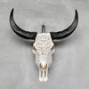 Carved Water Buffalo Skull with Leaf Scroll Design – White Bone Wall Art – Botanical Tribal Skull with Black Horns - Skull,A/057