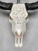 Carved Water Buffalo Skull with Leaf Scroll Design – White Bone Wall Art – Botanical Tribal Skull with Black Horns - Skull,A/057