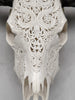 Carved Water Buffalo Skull with Leaf Scroll Design – White Bone Wall Art – Botanical Tribal Skull with Black Horns - Skull,A/057
