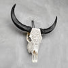 Carved Water Buffalo Skull with Leaf Scroll Design – White Bone Wall Art – Botanical Tribal Skull with Black Horns - Skull,A/057
