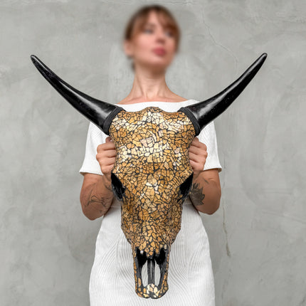 Gold Mosaic Cow Skull Wall Decor – Decorative Cow Skull with Horns for Boho, Western, or Modern Rustic Style Homes - Skull,A/125