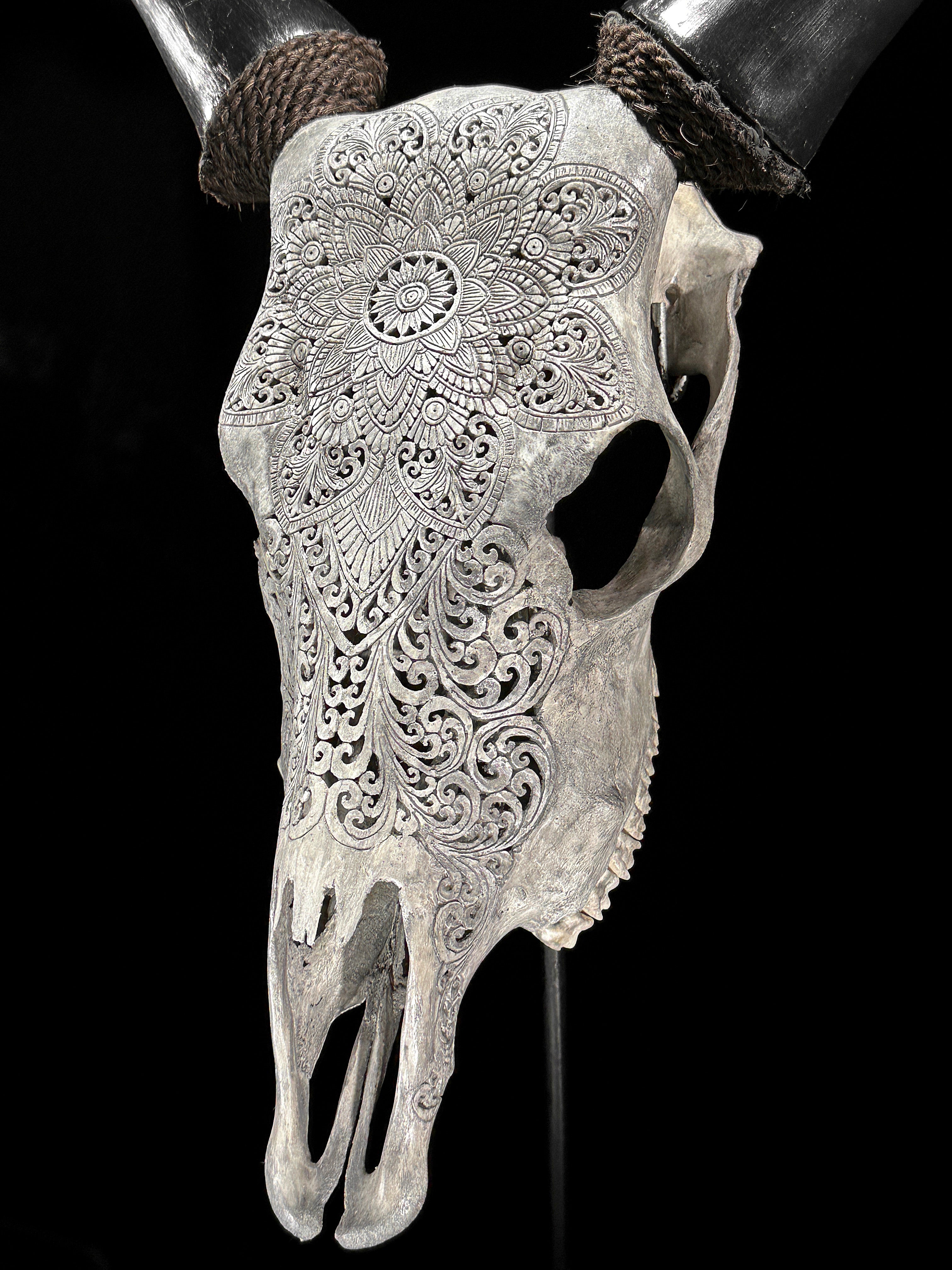 Carved Cow Skulls with Flower Mandala Carving Skull,A/184