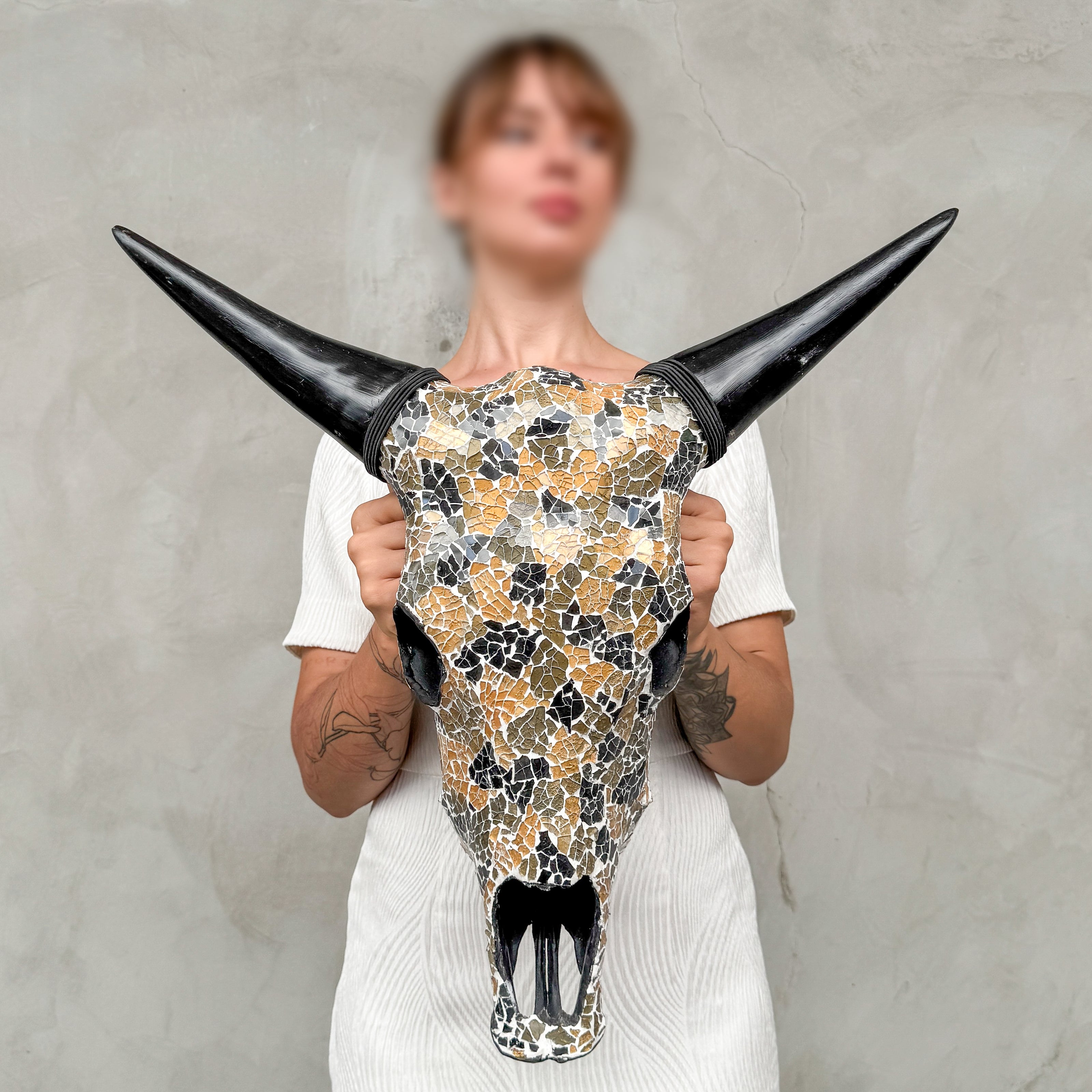 Gold & Black Mosaic Cow Skull – Handmade Wall Decor with Glossy Horns for Boho, Eclectic, or Contemporary Interiors - Skull,A/118