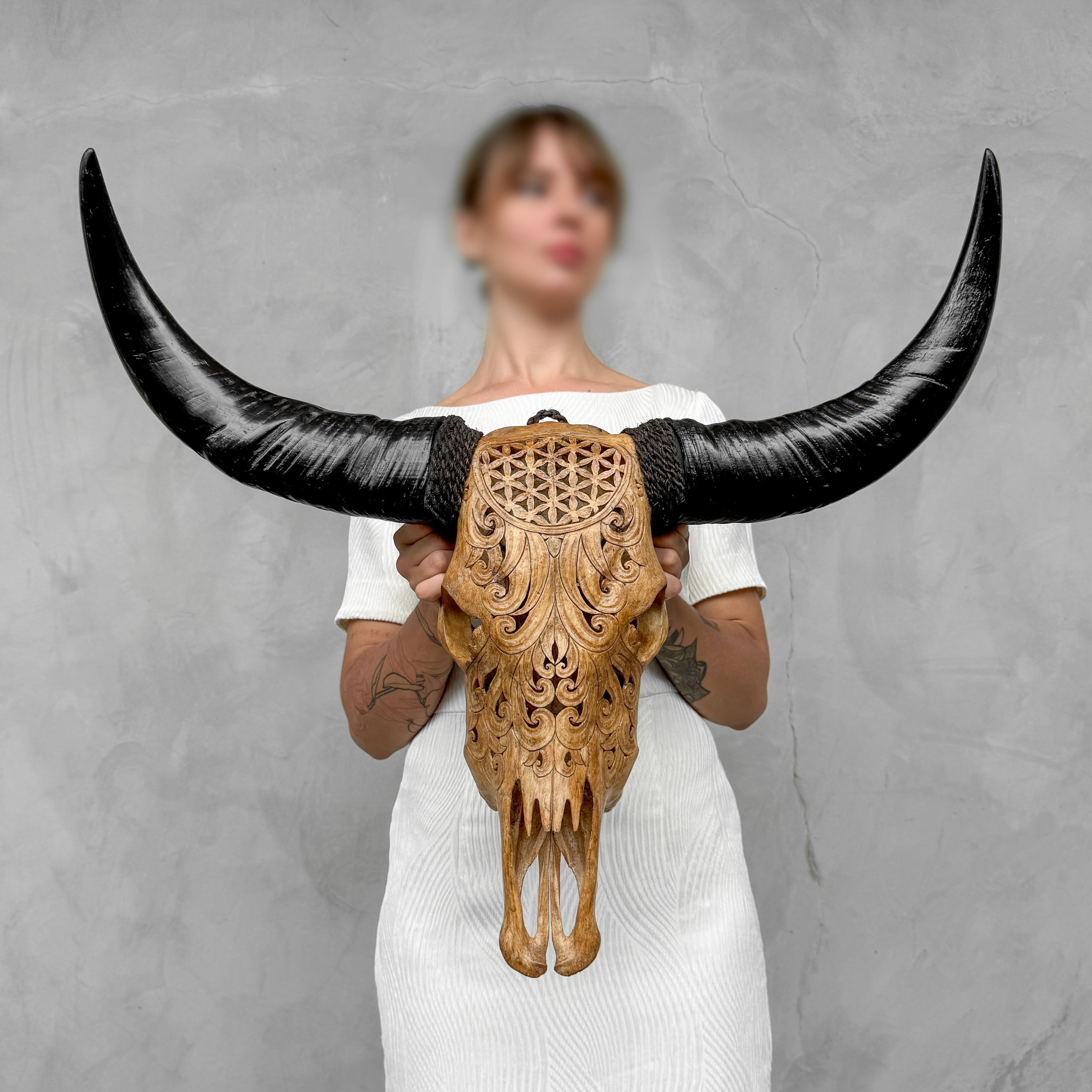 Brown Carved Buffalo Skull with Flower of Life Motif — Handcrafted Wall Art - Skull,A/109
