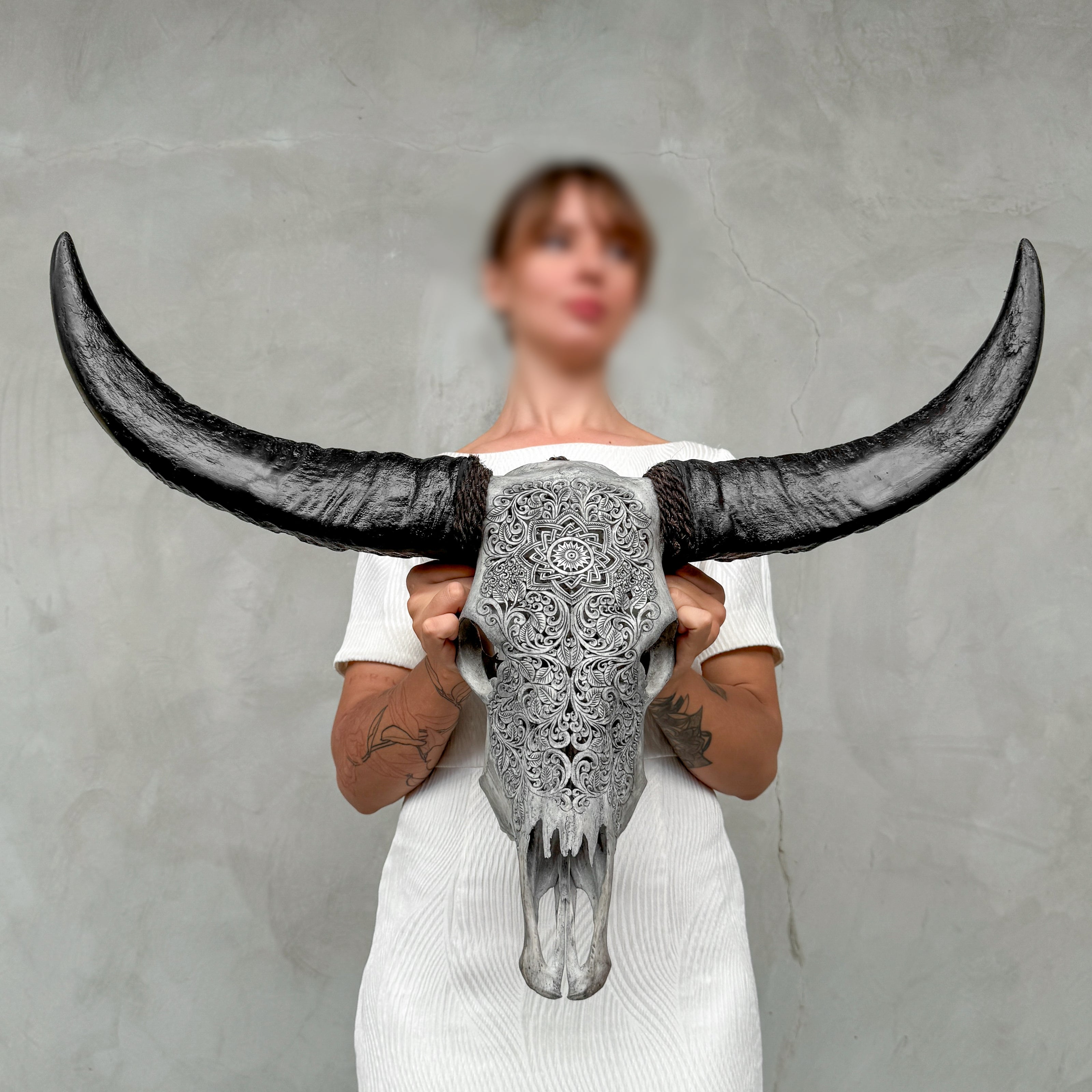 Grey Carved Buffalo Skull with Star Mandala Motif — Handmade Wall Decor - Skull,A/107