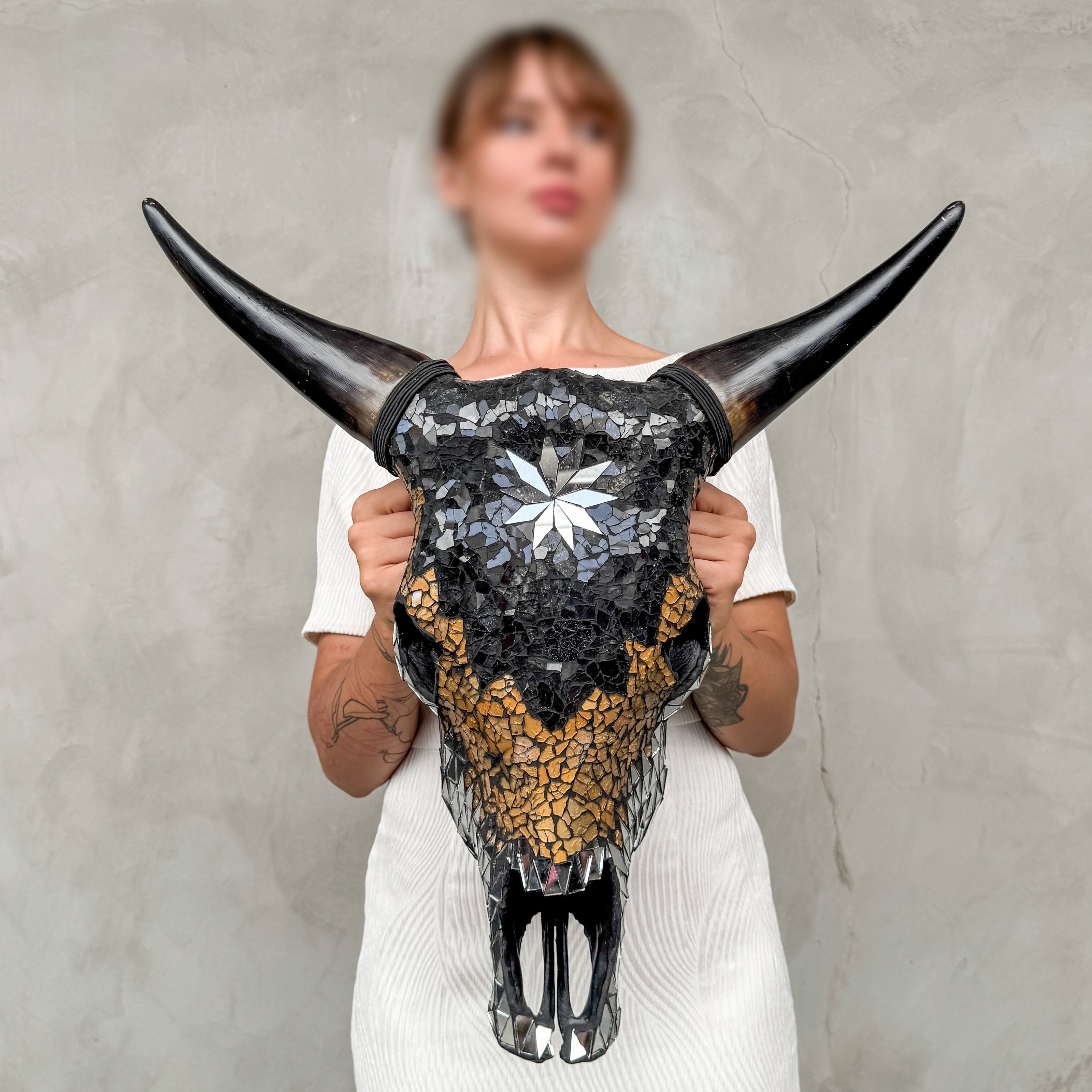 Star Mosaic Cow Skull – Gold, Black & Silver Wall Decor with Glossy Horns for Boho, Eclectic, or Modern Interiors - Skull,A/120